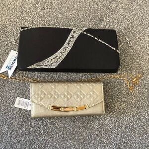 NWT! Lot of two fashion costume purses black/silver and gold clutch chain straps